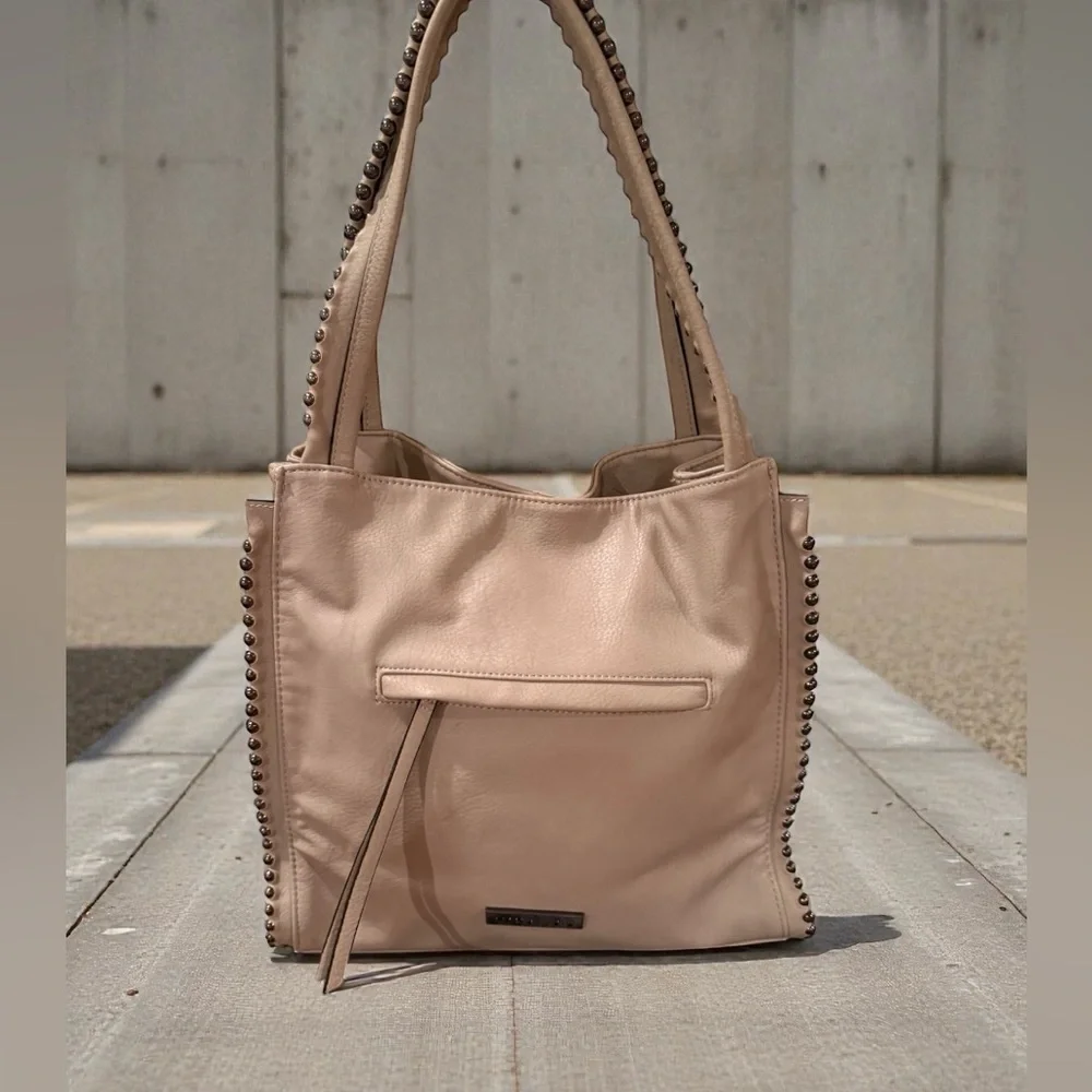 Max Studio Studded Tote Bag Beige Boho Vegan Leather Shoulder Bag Zip Pockets